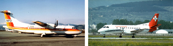 A sinistra: l’ATR 42 di NFD (sussidiaria di Lufthansa) che dall’8 ottobre 1987 iniziò i voli con Monaco. A destra: il Saab-Fairchild SF340 di Crossair impiegato dal 1° dicembre 1987 per i voli con Lugano.