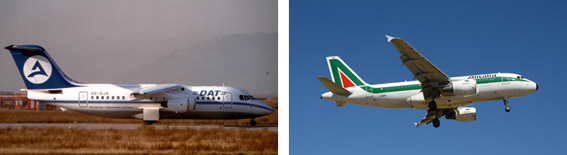 A sinistra: il primo BAe 146 utilizzato sui voli di linea per Firenze, dall'11 dicembre 1989, in servizio sulla linea da Bruxelles gestita da Sabena (tramite la sussidiaria DAT). Il quadrigetto inglese è stato l’aereo simbolo per lo sviluppo dello scalo fiorentino, utilizzato da molti vettori tra i quali, in particolare, Alisarda (poi Meridiana) per l’apertura nel 1991 della propria base fiorentina e ancora per il 2016 è utilizzato sul “Vespucci” da alcuni vettori (nella versione Avro RJ). A destra: nell'aprile 2003 viene impiegato su Firenze per la prima volta su un volo di linea l'Airbus A319 (Alitalia da Roma Fiumicino). L'A319 diviene da allora il principale aereo di riferimento per il "Vespucci", impiegato in particolare da Meridiana per la seconda fase di vita della propria base fiorentina (2004-2011) ed oggi da Vueling.