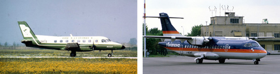 A sinistra: l’Embraer EMB-110 Bandeirante di Air Littoral che dal 12 giugno 1987 iniziò a volare tra Firenze e Nizza. A destra: l’ATR 42 di Avianova (gruppo Alisarda) che dal 1° agosto 1987 avviò il primo collegamento tra Firenze e la Sardegna (Olbia).
