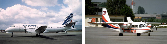 A sinistra: il Saab-Fairchild SF340 di Air France che il 29 marzo 1987 aprì il primo volo internazionale del “Vespucci” (da Parigi). A destra: il BN-2B Islander della Transavio che il 20 aprile 1987 avviò il volo stagionale per Pisa/Bastia.